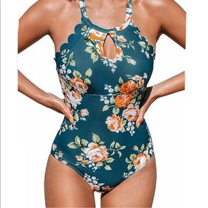 Floral Print High Neck Scallop One Piece Bathing Suit